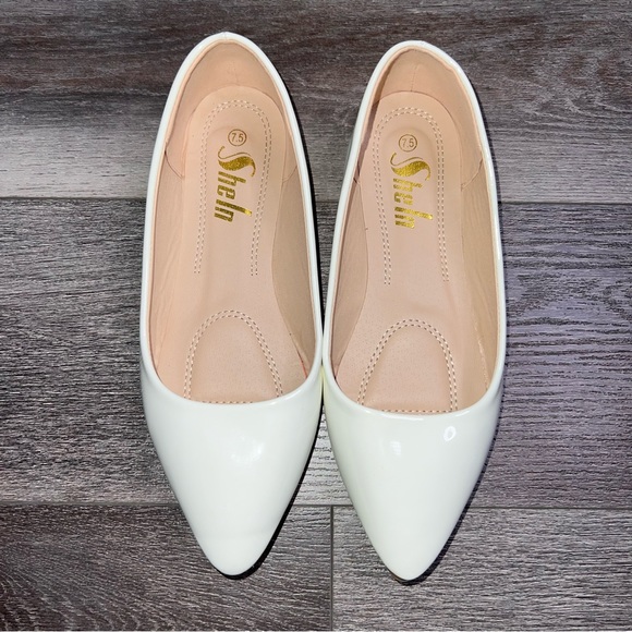 White Glossy Pointed Toe Flats - Picture 2 of 5